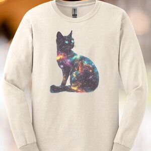 Galaxy Cat Shirt Cosmic Space Graphic Tee Nebula Cat Art Long Sleeve